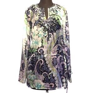 Cache Embellished Peasant Boho Sheer Illusion Drawstring Top Silk $128 NWT